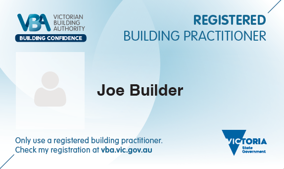 VBA ID card showing Registered Building Practitioner
