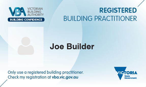 VBA ID card showing Registered Building Practitioner 