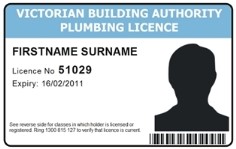 Image of a Plumbing licence showing first name, surname, licence number and expiry date, barcode